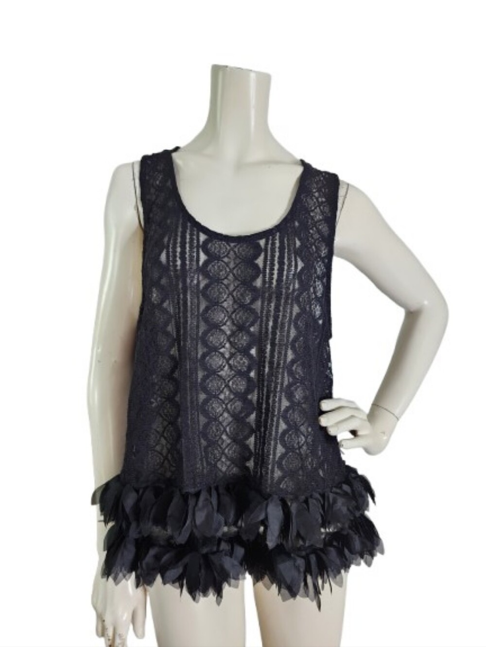 Endless Rose Sleeveleas Top Women's M Black Sheer Lace Ruffle